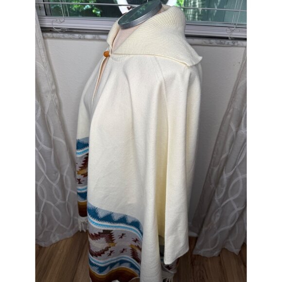 Vtg Ecuadorian Wool Cape Poncho wrap Southwest Aztec Fringe Hem festival Os htf - Picture 3 of 9